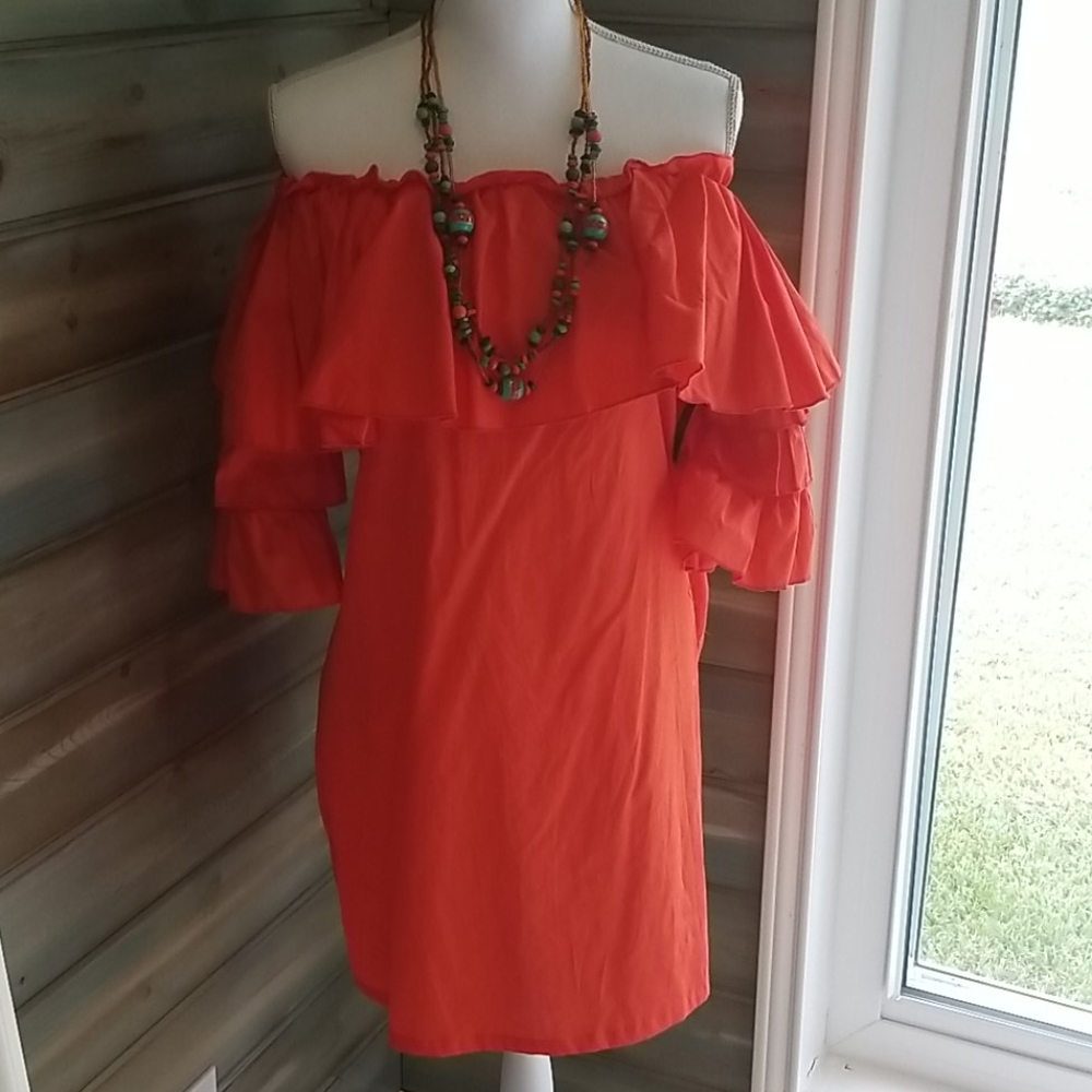 Coral pleated sleeve dress